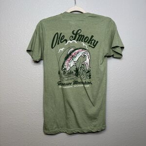 Women's Ole Smoky Tennessee Moonshine Shirt Size S Green Trout Fishing Print